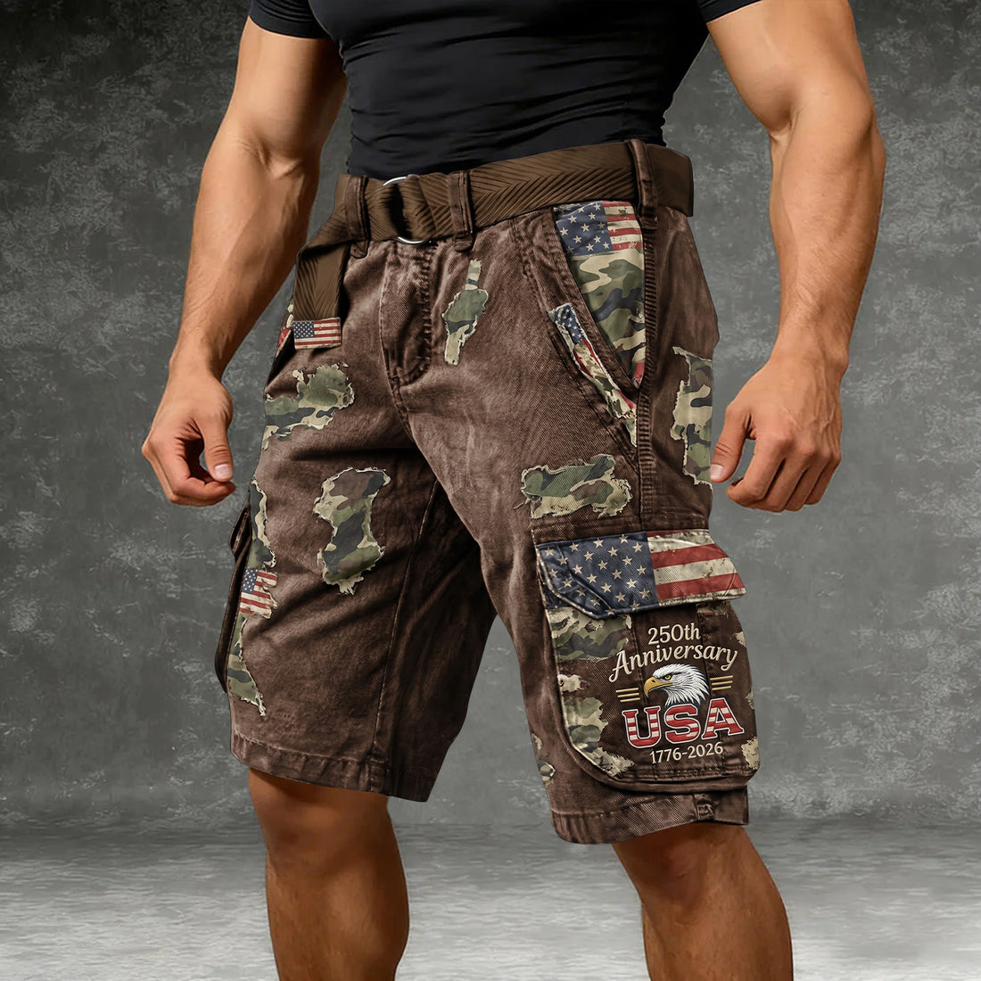 Vintage USA 250th Anniversary Cargo Shorts, American Flag Camo Shorts, Men's Cargo Shorts