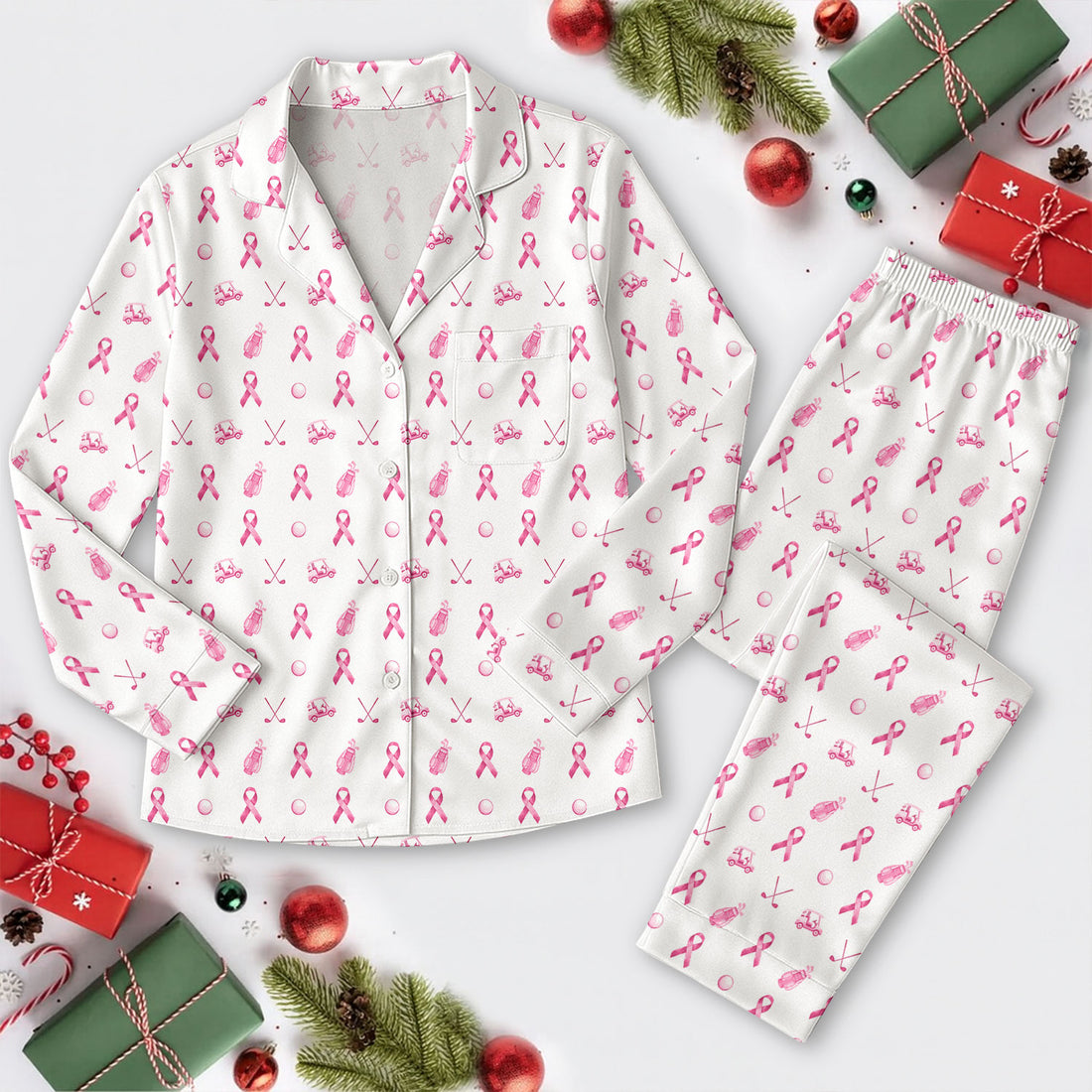 Breast Cancer Pink Ribbon With Golf Pattern Long Pajama Set, White Satin Pajama Set