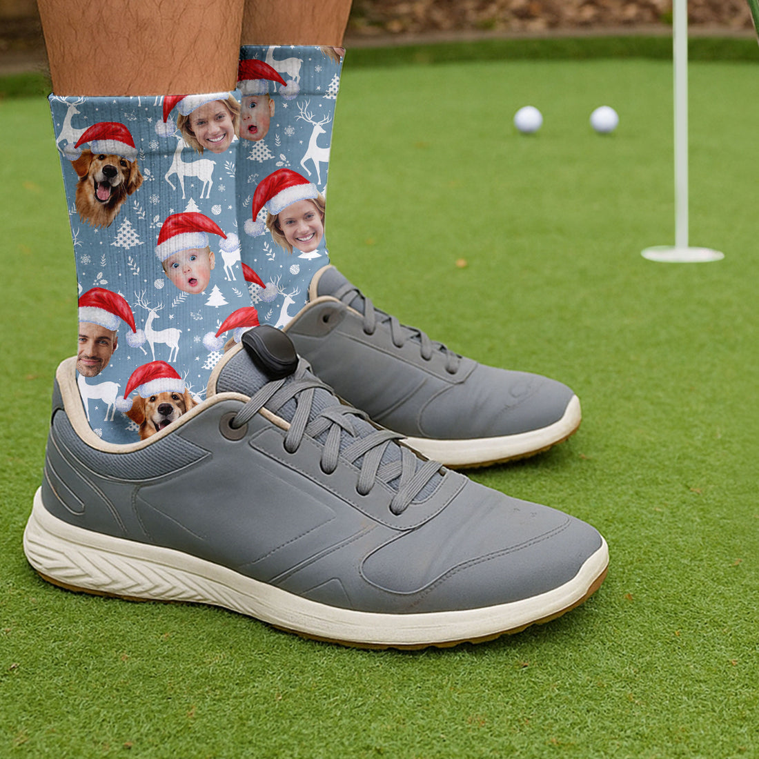 Custom Face Reindeer Pattern Ice Blue Golf Socks, Christmas Golf Socks, Golf Gift Idea