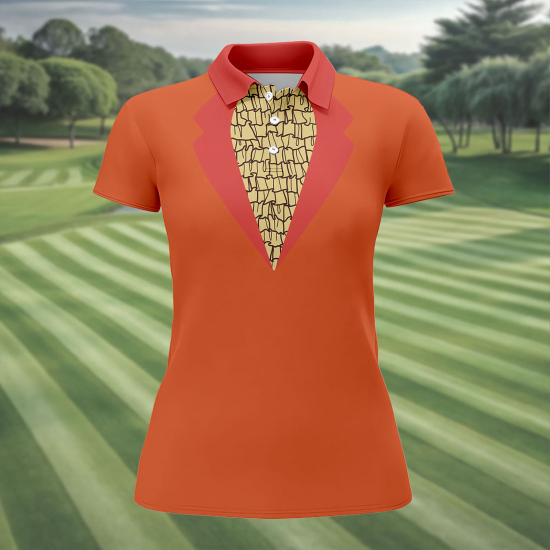 Orange Tuxedo Fun Women's Golf Shirts, Retro Golf Shirt, Ladies Golf Tops