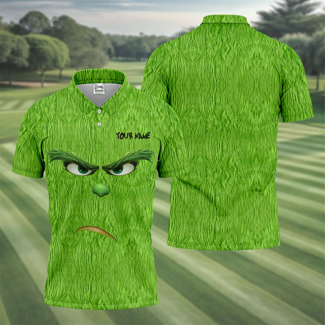 Christmas Monster With Green Fur Print Golf Shirt, Fun Golf Shirts For Men, Christmas Golf Shirt