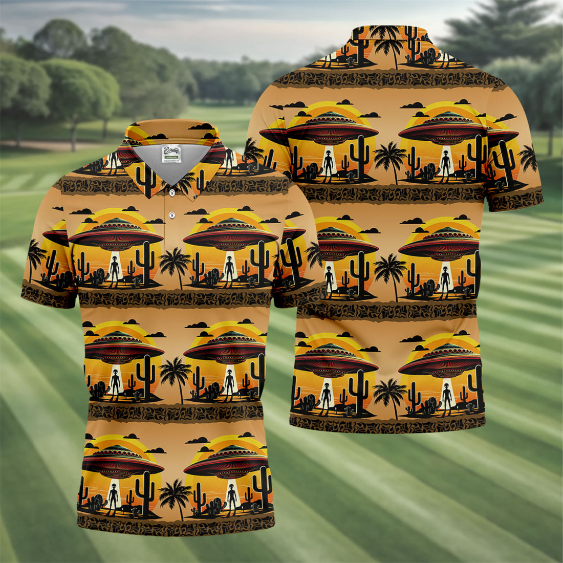 UFOs, Aliens and Cactus Desert Scene Hawaiian Golf Polo, Golf Tops For Men, Golfing Apparel