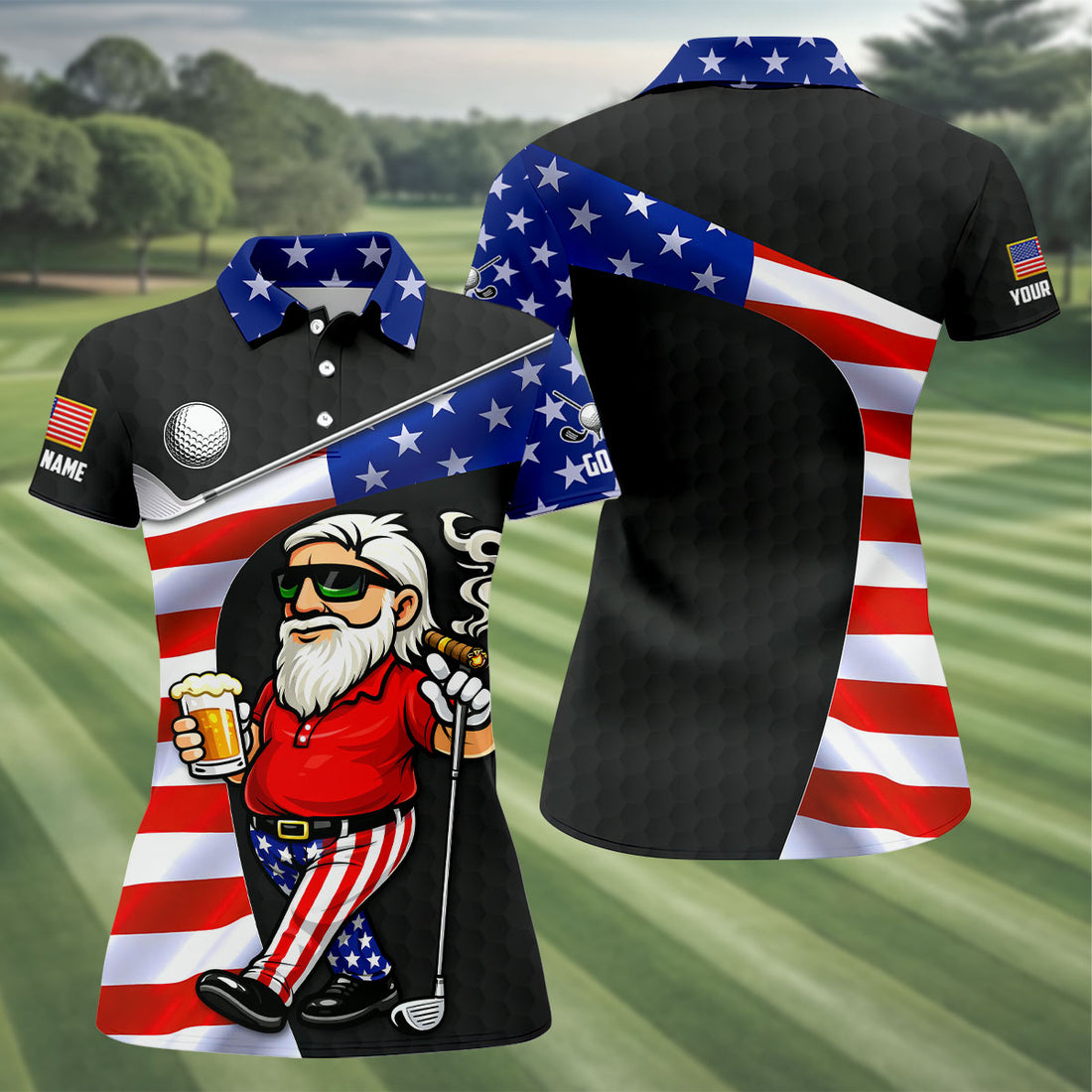 Golf And Beer Patriotic Man Golf Ball Pattern 4th Of July Black Golf Shirt, 250th Anniversary Women's Golf Tops