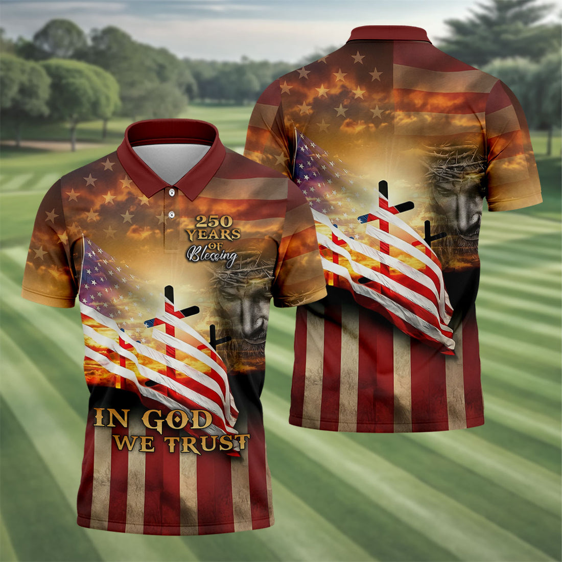 In God We Trust Polo Shirt, American Flag Golf Shirt For Men, 250th Anniversary Freedom Celebration Apparel