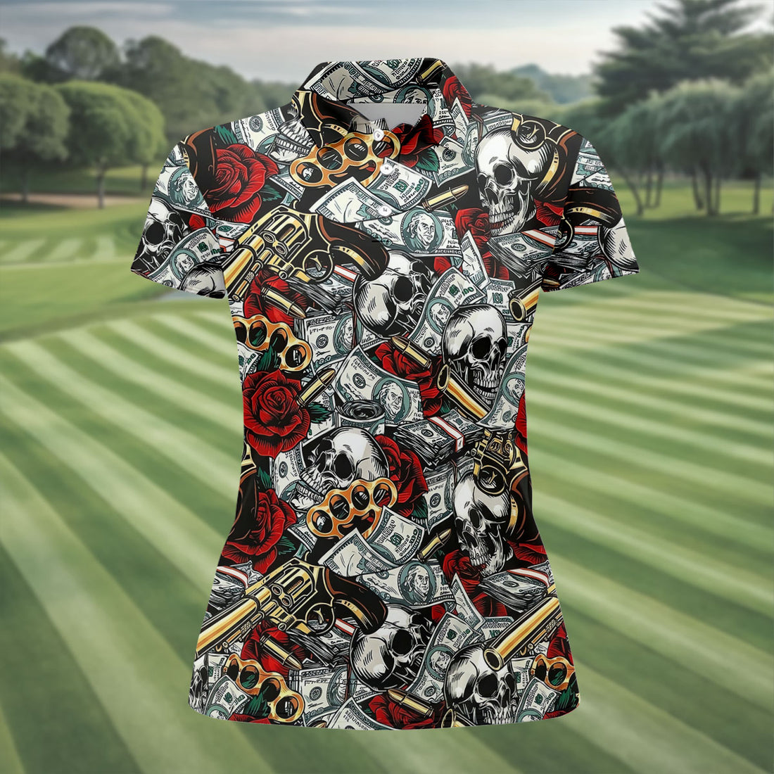 Black Skull Cash Rose Western Pattern Golf Polo Shirt, Ladies Golf Shirts, Women's Golf Apparel