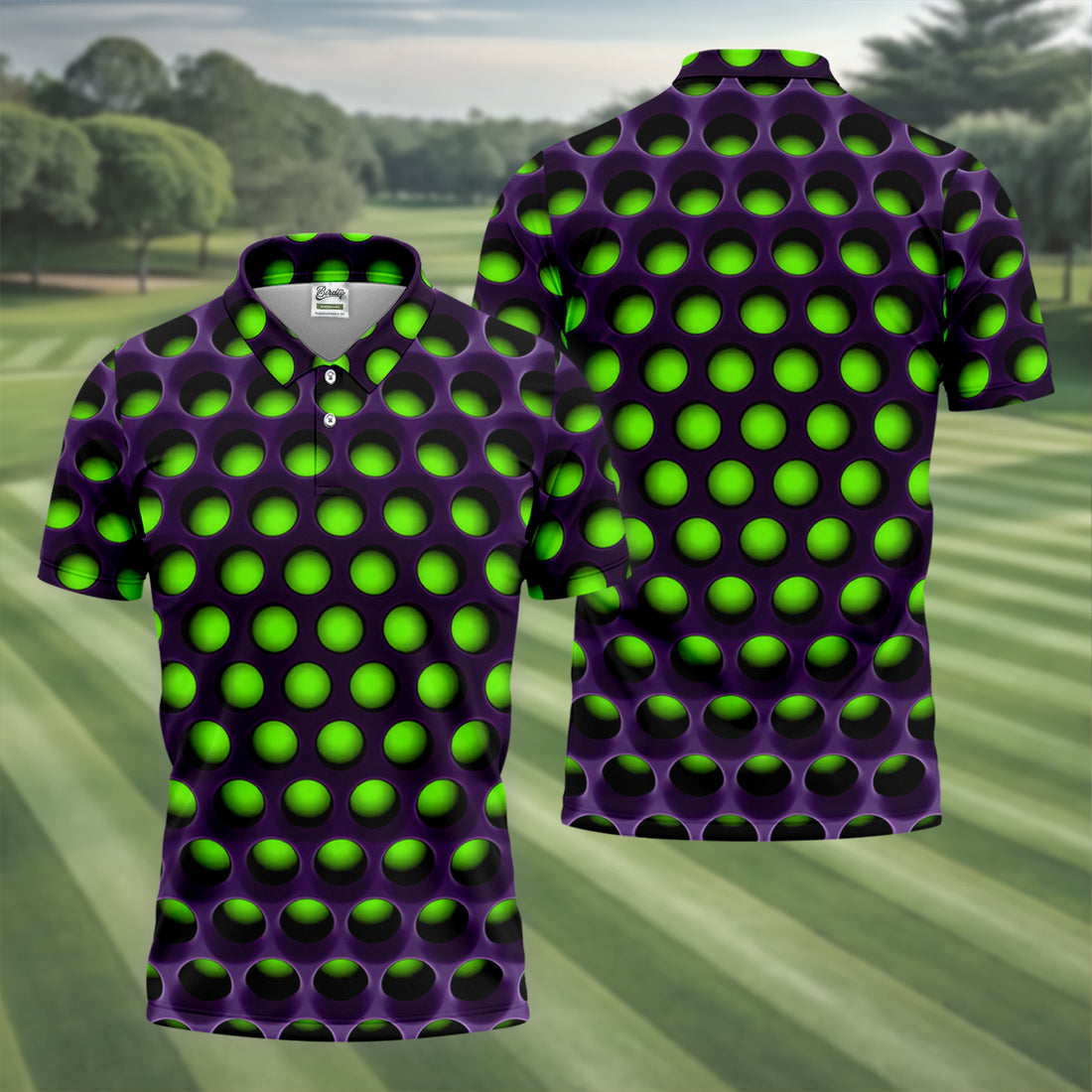 3D Effect Circular Pattern Green Golf Shirt, Cool Golf Outfit, Men's Funny Golf Shirts, Polo Shirts For Men