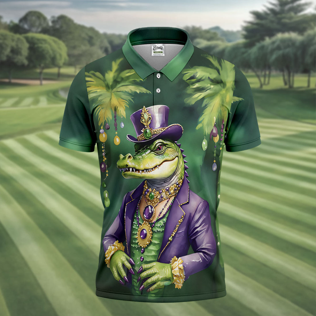 Mardi Gras Alligator Decorated Palm Tree Print Golf Shirt, Polo Shirts For Men, Golf Shirts For Men