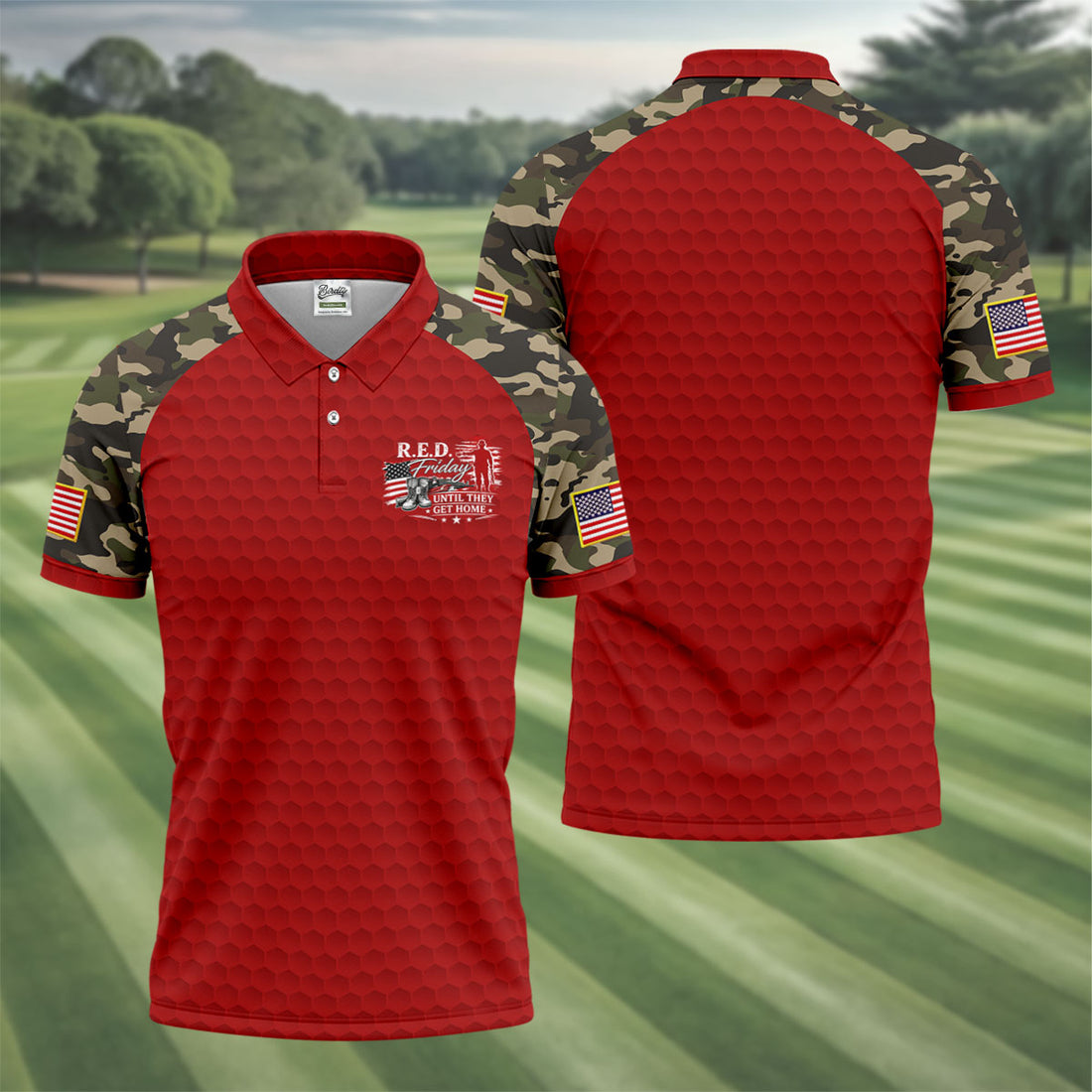 R.E.D. Friday Golf Shirt, Patriotic Camo Sleeve Men's Polo Shirt, Remember Everyone Deployed Apparel