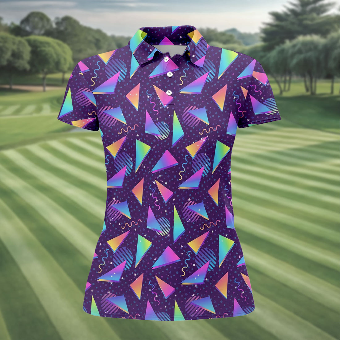 Retro Memphis Geometric Pattern Golf Polo Shirt, Women's Golf Polo, Ladies Golf Tops
