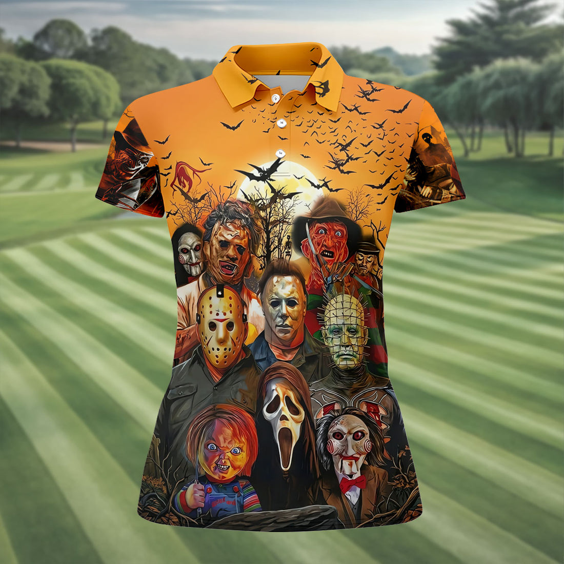 Halloween Horror Character Sunset Hawaiian Golf Shirt, Women's Golf Tops, Printed Golf Shirt