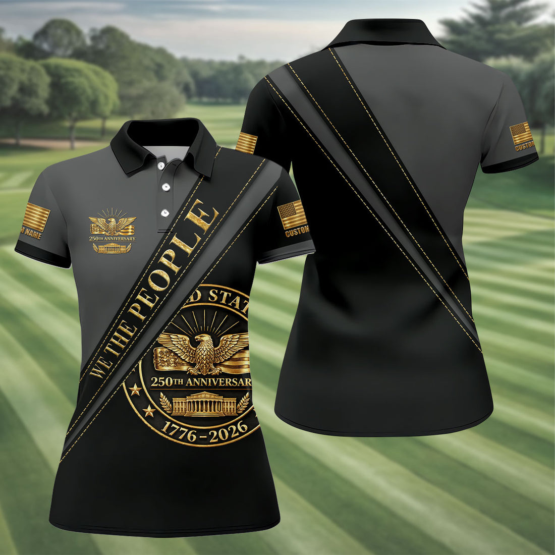 We The People 250th Anniversary Black And Gold Ladies Golf Tops, Patriotic 4th Of July Golf Shirt For Women