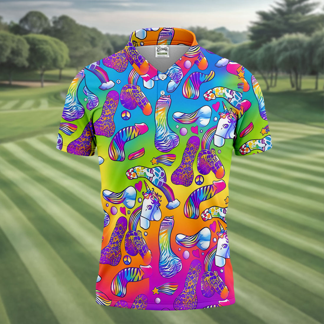 Funny Colorful Golf Shirt, Dirty Humor Rainbow Unicorn Polo Shirt For Men, Eye Catching Golf Fashion Apparel