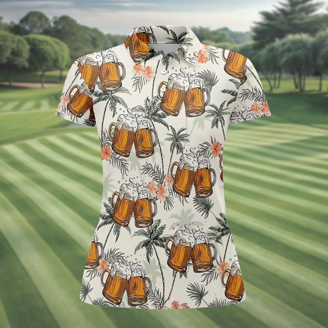 Tropical Palm Trees and Frosty Beer Mug Hawaiian Golf Polo, Golf Tops For Women, Golfing Apparel