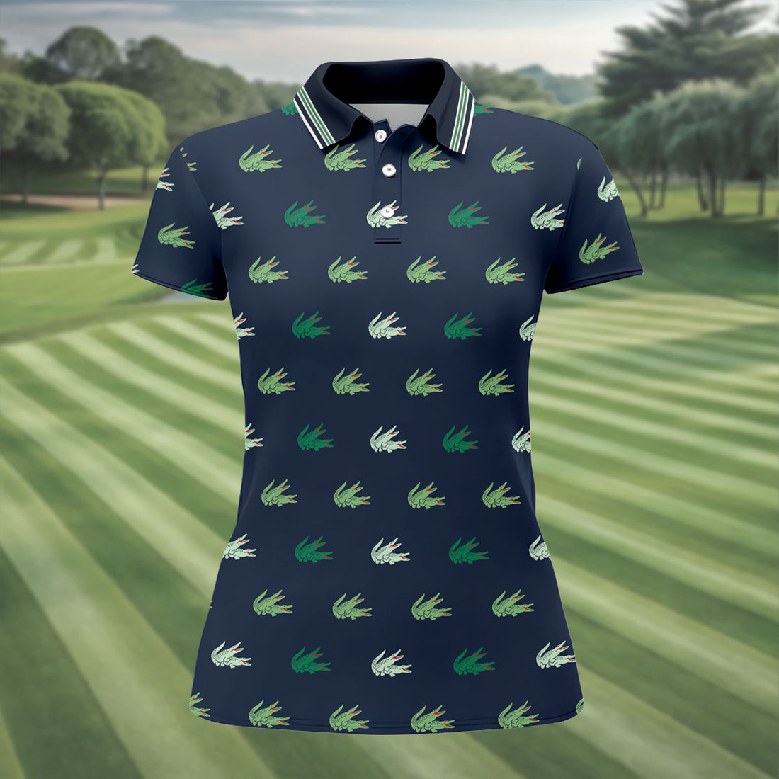 Navy Crocodile Pattern Sleeveless Golf Shirt, Women's Golf Shirt, Golf Polo For Women, Ladies Golf Shirt
