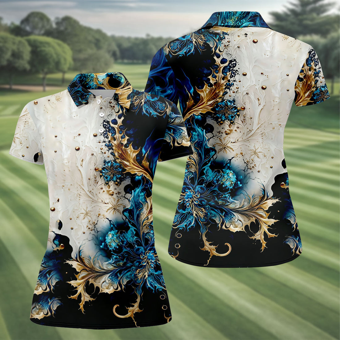 Metallic Flower Fractal Art Hawaiian Golf Shirt, Retro Golf Shirt, Women's Golf Tops