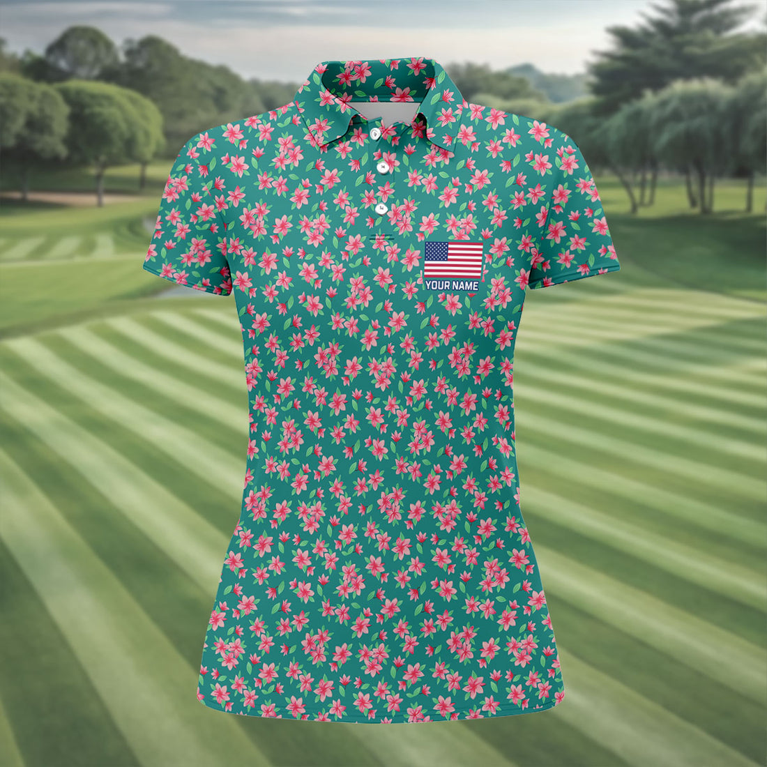 Azaleas At The Masters Pink Turquoise, Women's Golf Tops, Cute Golf Outfit, Ladies Golf Shirt