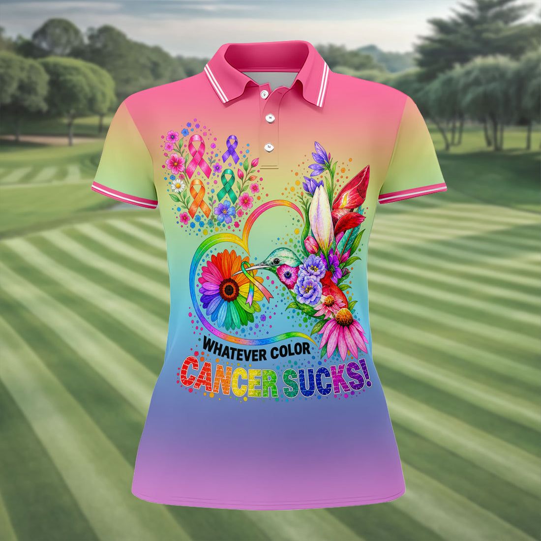 Whatever Color Cancer Sucks Hummingbird Polo Shirt, Ladies Golf Tops, Printed Golf Shirt