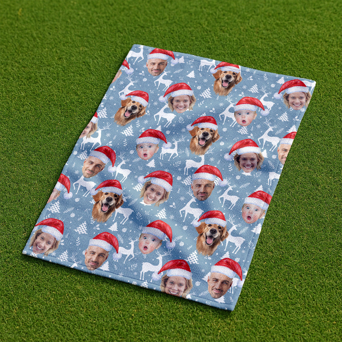 Custom Face Reindeer Pattern Ice Blue Golf Towel, Christmas Golf Gift, Golf Gift Idea