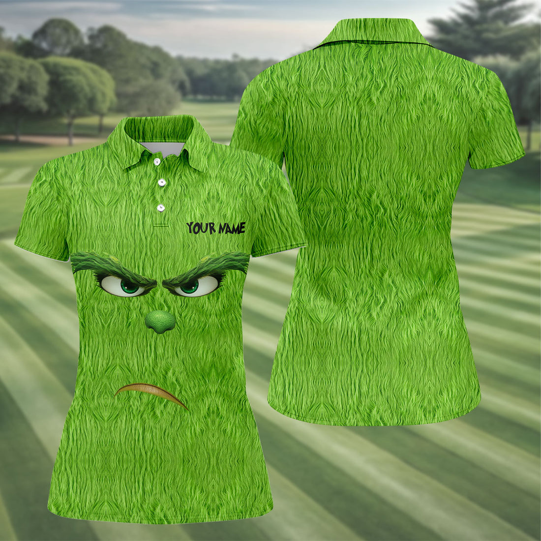 Christmas Monster With Green Fur Print Golf Shirt, Funny Golf Shirts Women, Christmas Golf Shirt