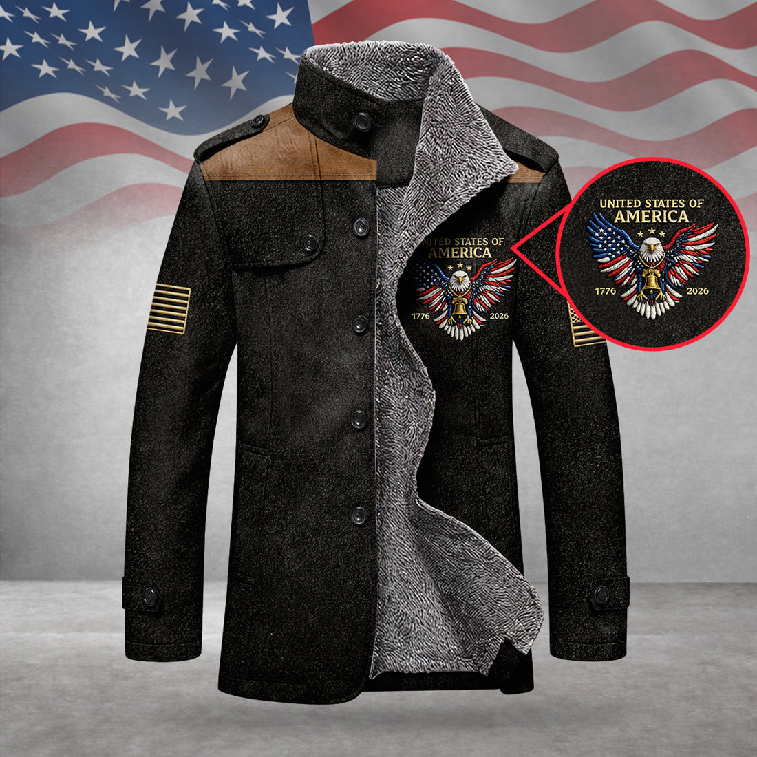 250 Years Red White Blue USA Bald Eagle Men's Cold Premium Weather Jacket, Leather Trench Coat
