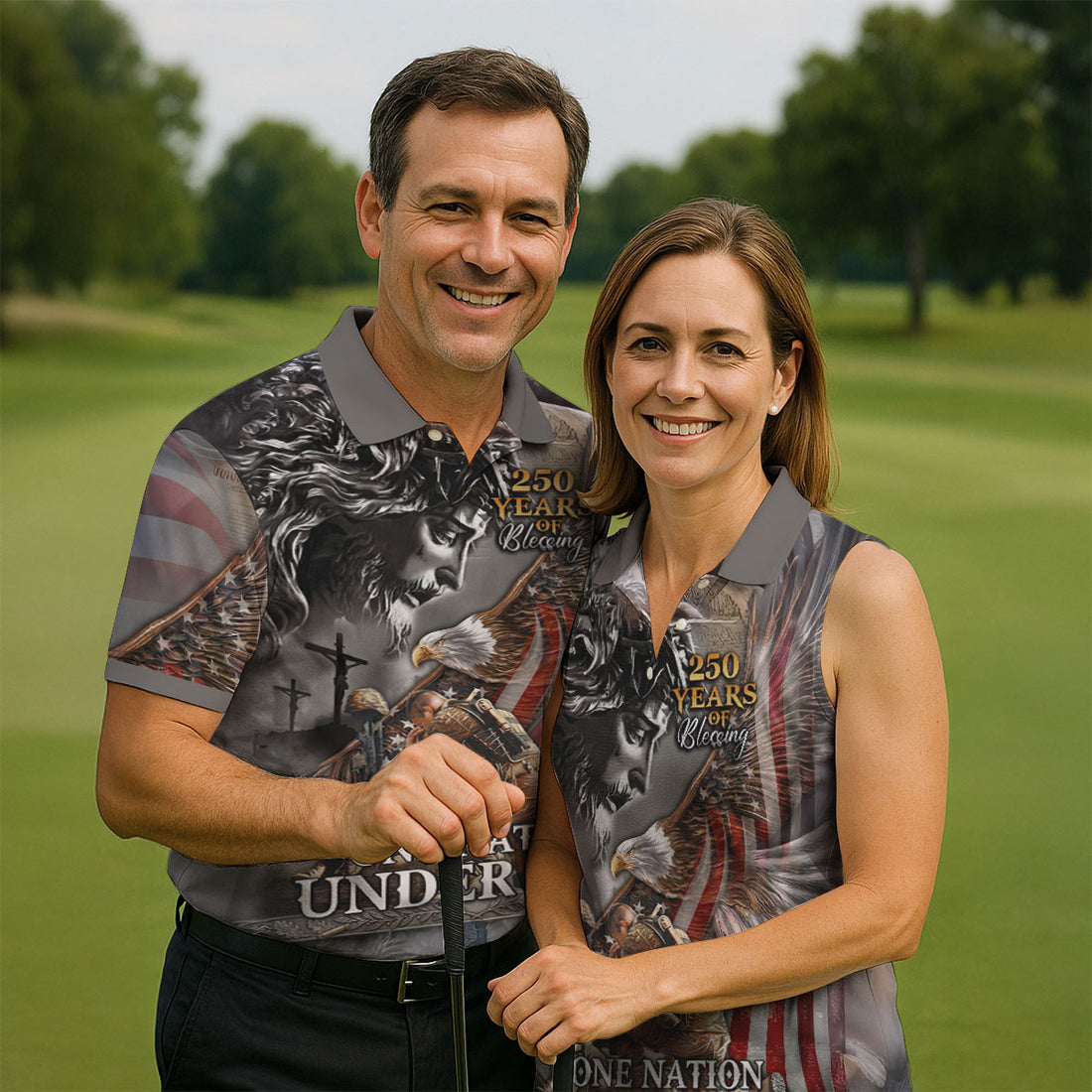 One Nation Under God 250 Years Of Blessing Jesus Eagle Patriotic Golf Shirt American Flag Christian USA 250th Anniversary For Men