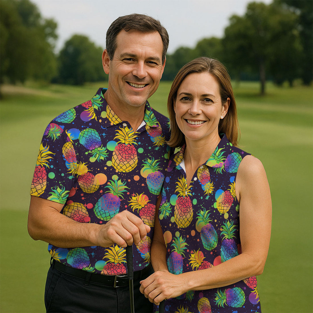 Colorful Pineapple Sleeveless Golf Shirt, Cute Golf Outfit, Mens Polo Shirts, Golf Shirts For Men