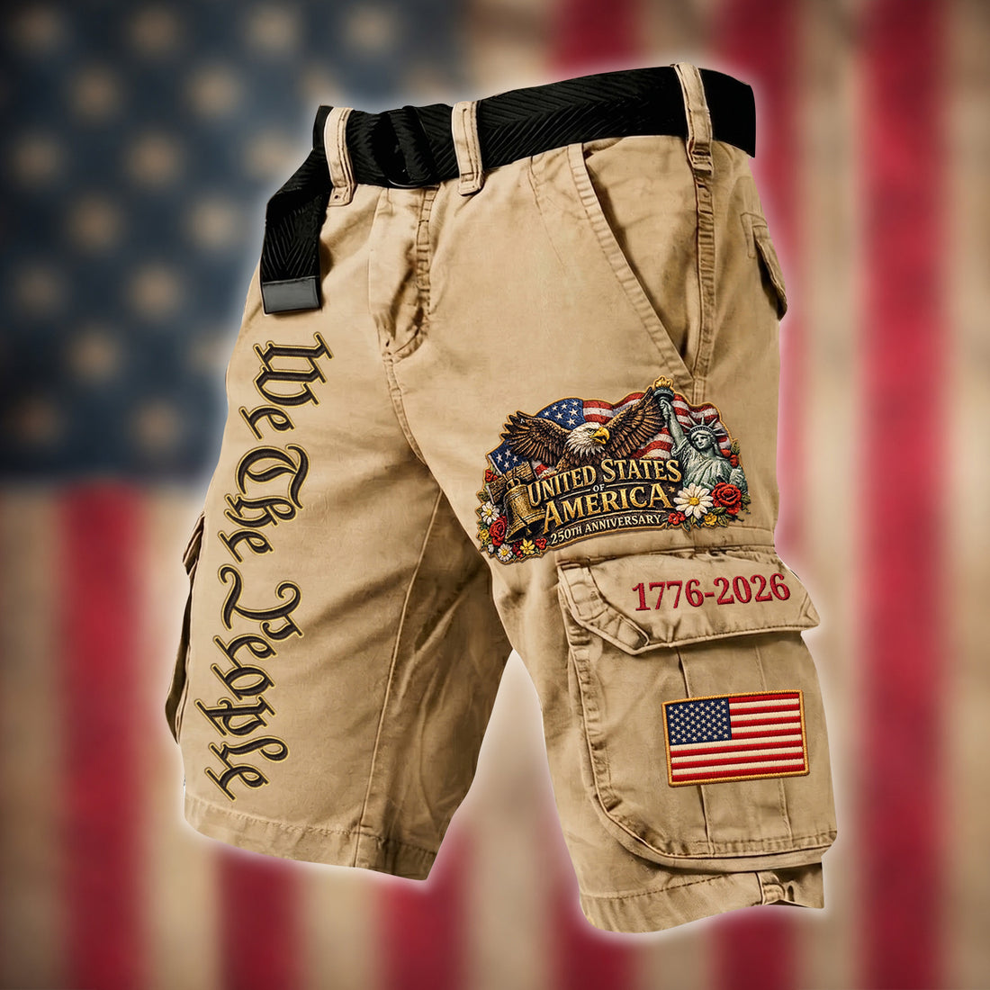 Vintage USA 250 Anniversary Cargo Shorts, American Flag Patriotic Shorts, Men's Cargo Shorts
