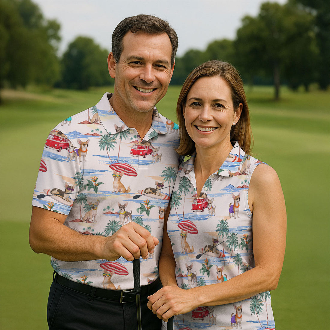 Summer Chihuahua Paradise Pattern Hawaiian Golf Polo, Golf Tops For Women, Golfing Apparel