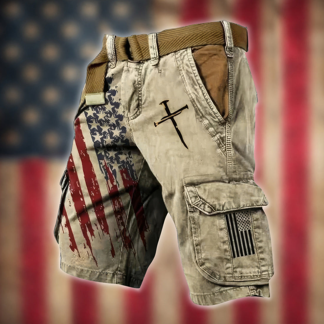 USA Flag Pattern Faith Cross Beige Cargo Shorts, Golf Shorts For Men, 250th Anniversary Short Pants