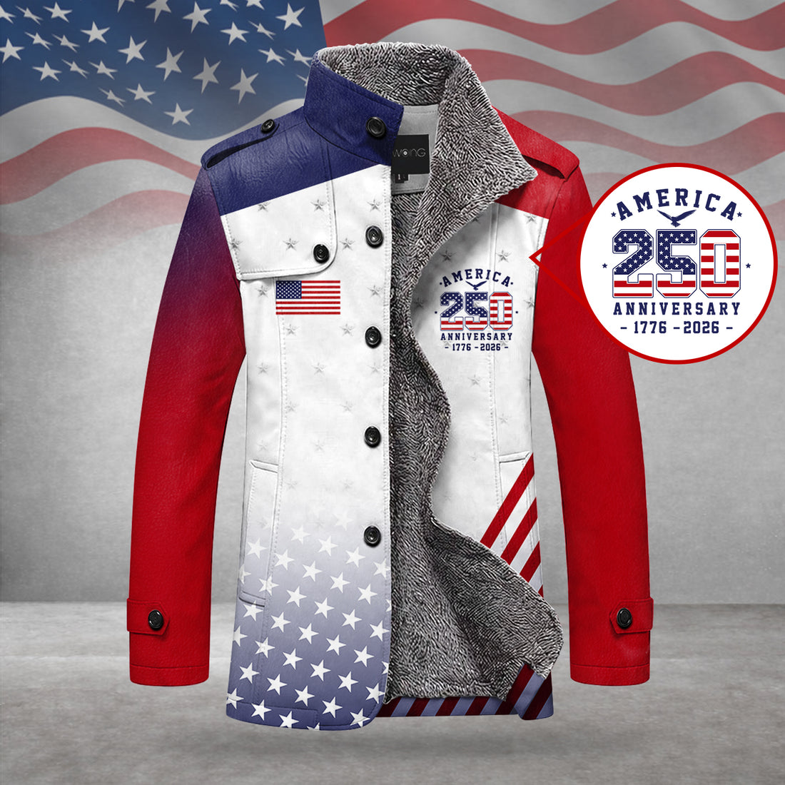 America 250 Anniversary Stars And Stripes Men's Cold Premium Weather Jacket, Leather Trench Coat