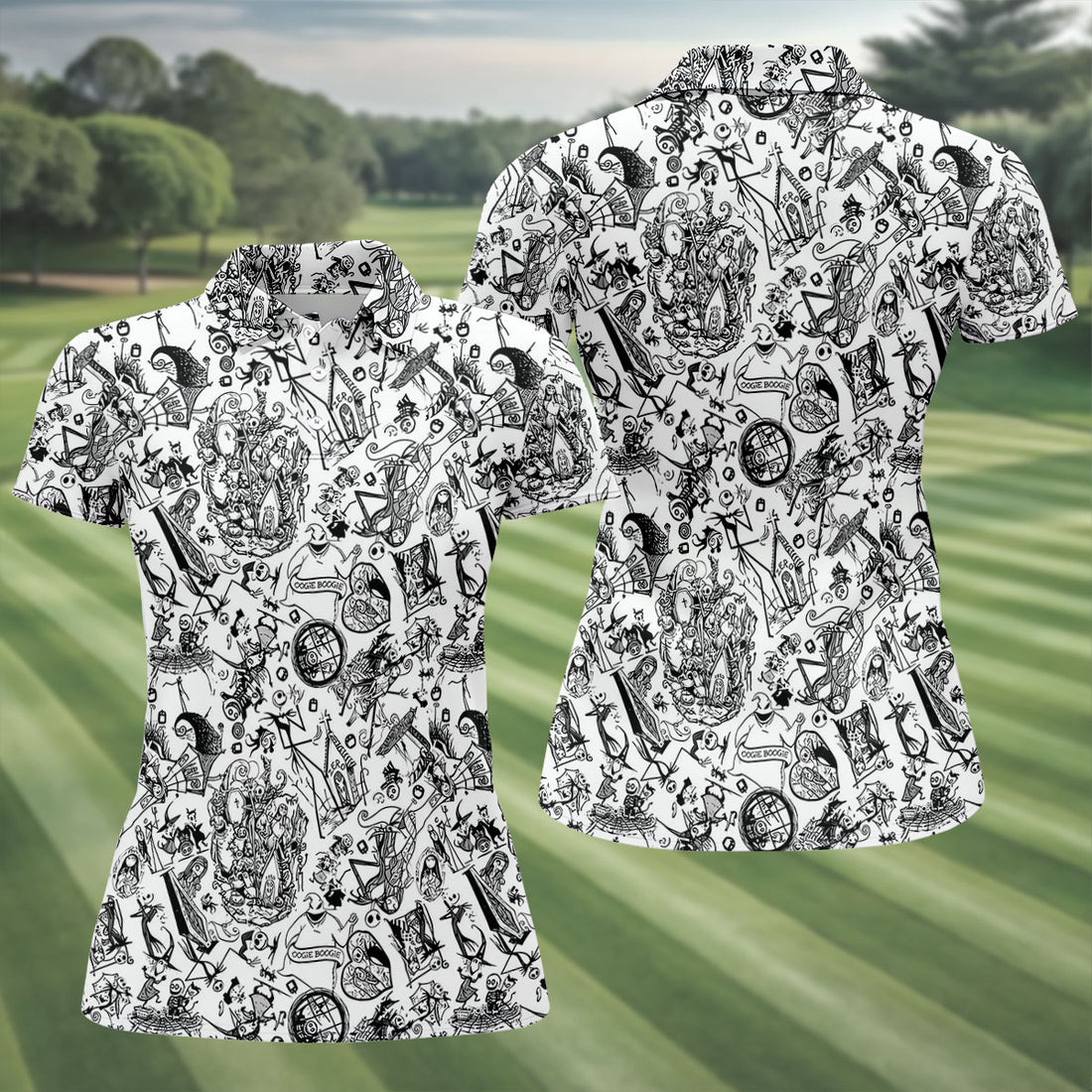Doodle Horror Character Halloween Polo Shirt, Golf Tops For Women, Women's Golf Shirt