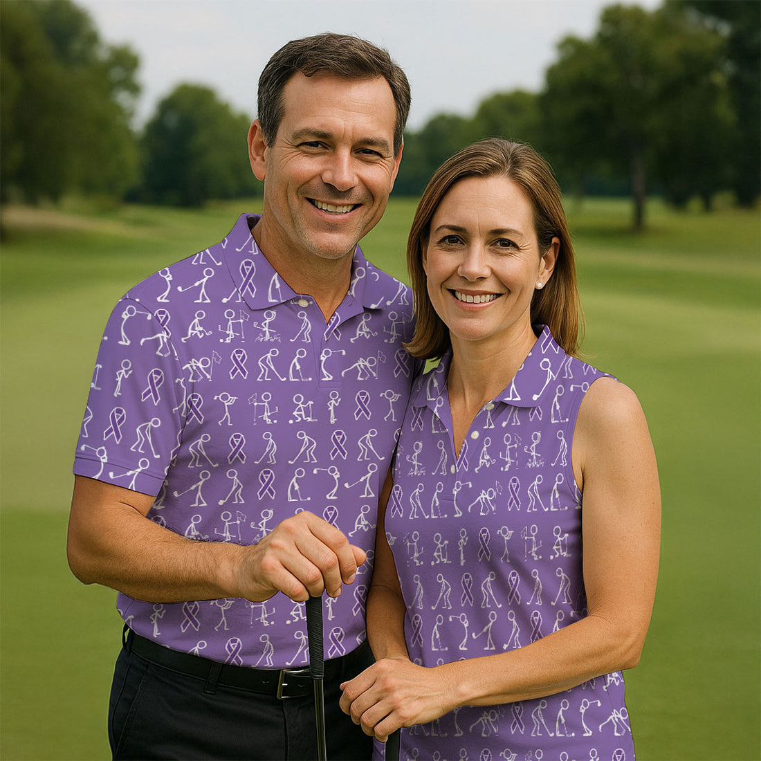 Funny Stick Figure Women's Golf Shirt, Pancreatic Cancer Awareness Shirt, Purple Golf Shirt, Golf Shirts For Women