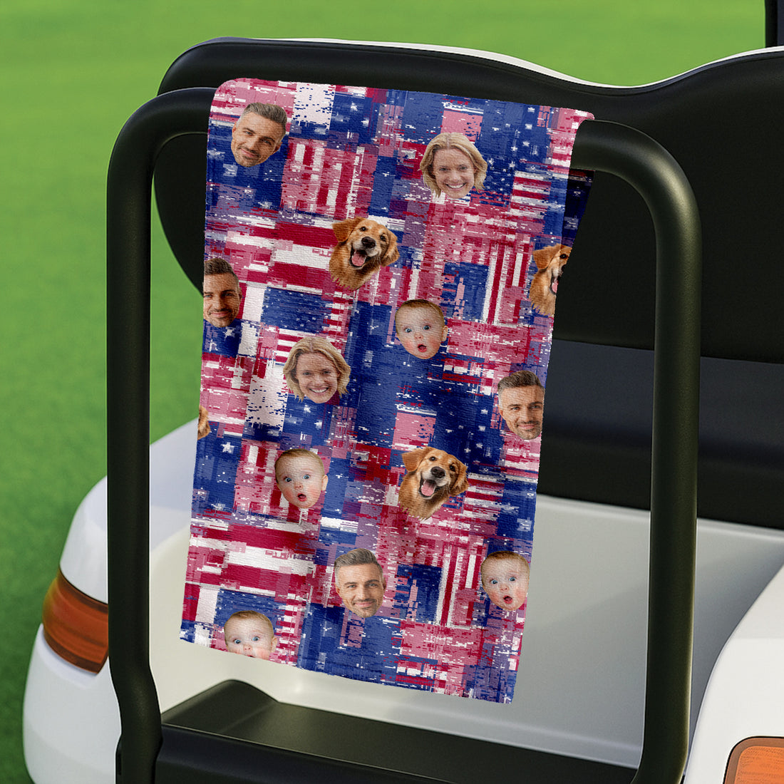 Custom Kid & Pet Face Microfiber Waffle Small Funny Golf Towel, 4th Of July Flag, Golf Rag, Dad Golf Gifts