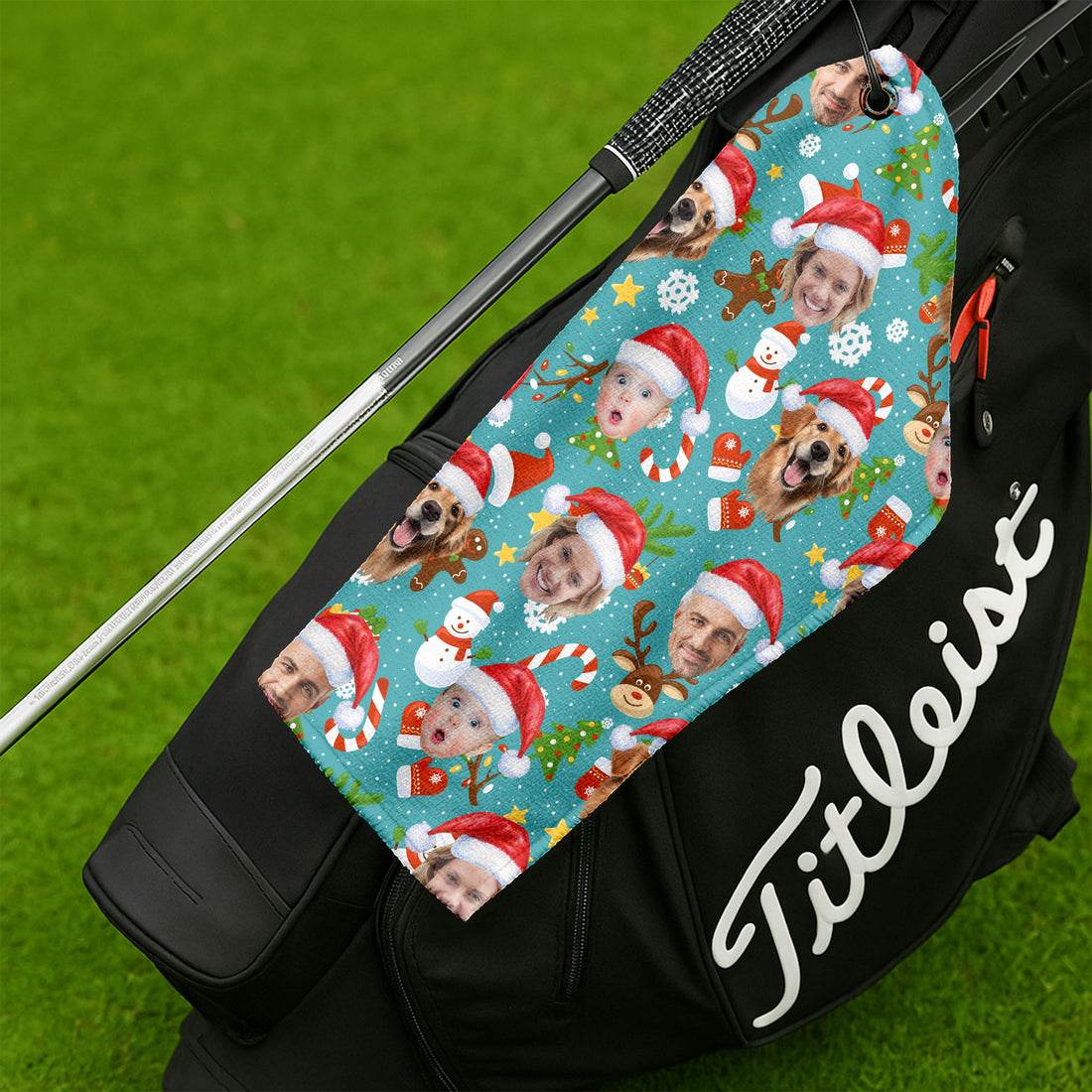 Custom Face Cute Christmas Pattern Teal Golf Towels, Christmas Golf Gift, Custom Golf Accessories