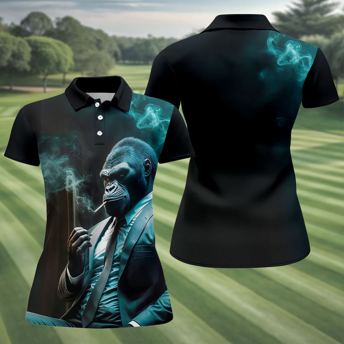 Gorilla Executive Midnight Smoke Hawaiian Golf Shirt, Women's Golf Tops, Ladies Golf Shirts