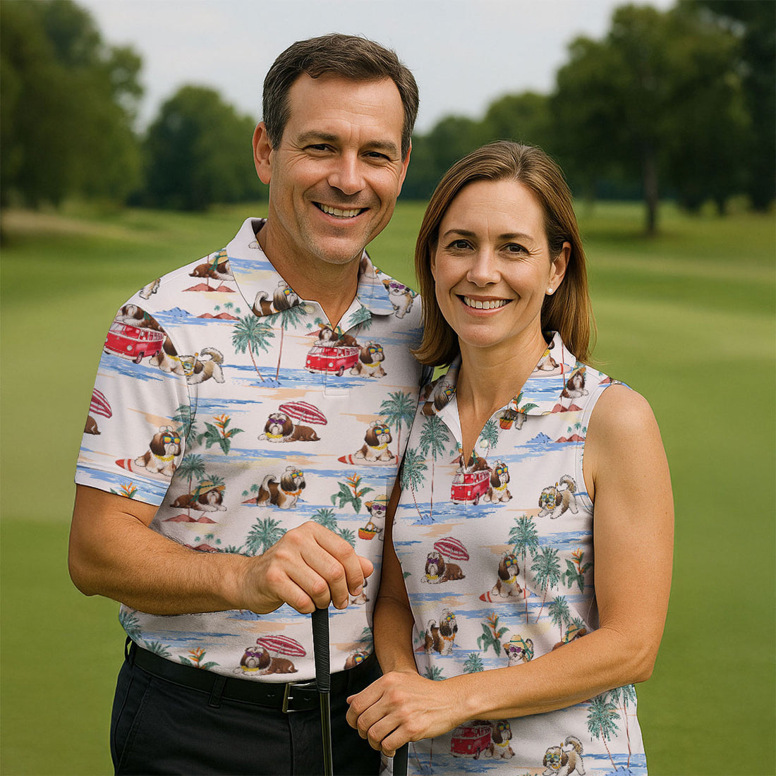 Beach Vacation Shih Tzu Print Hawaiian Golf Polo, Golf Tops For Women, Golfing Apparel
