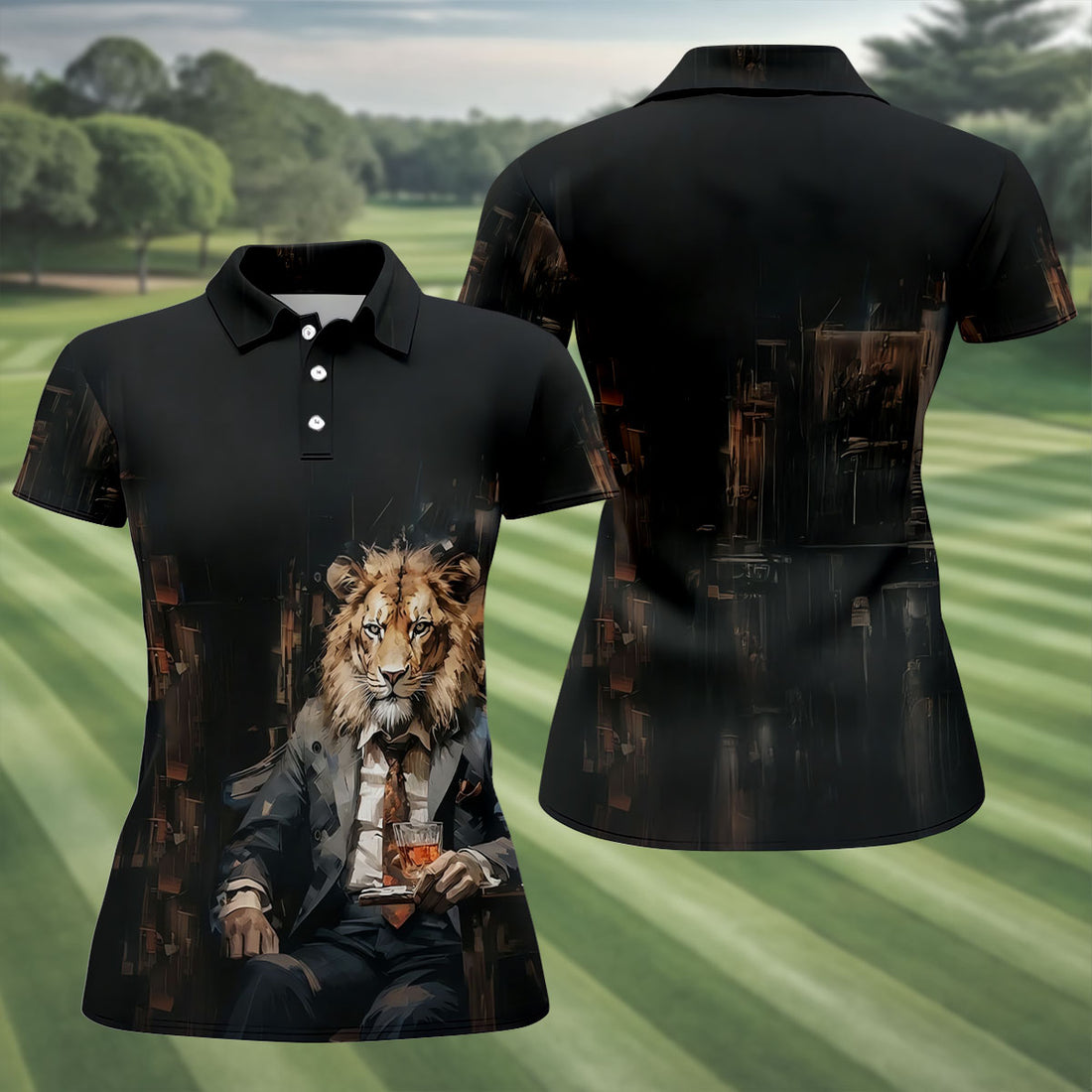 Lion Gentleman Midnight Whiskey Hawaiian Golf Shirt, Women's Golf Tops, Ladies Golf Shirts