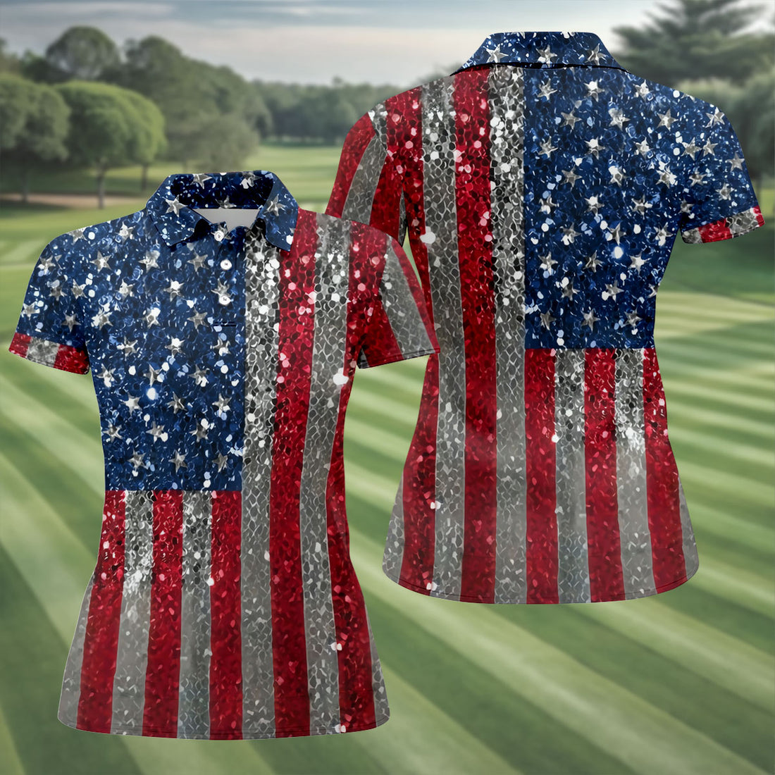 Glitter American Flag Women's 250 Years USA Patriotic Golf Shirt, 4th of July Golf Shirt