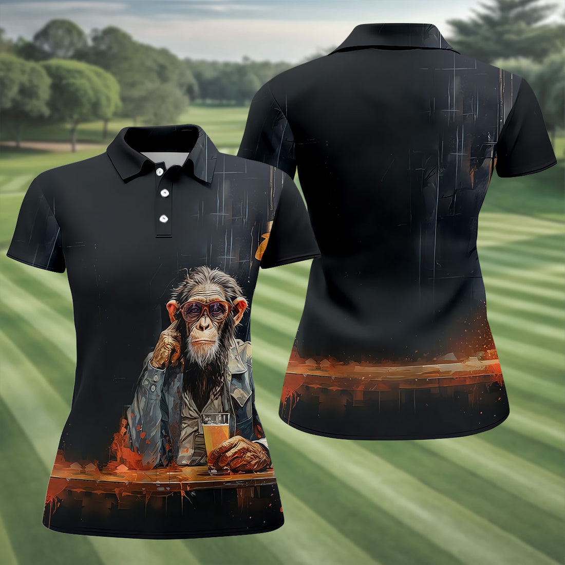 Monkey Gentleman Midnight Amber Hawaiian Golf Shirt, Women's Golf Tops, Ladies Golf Shirts