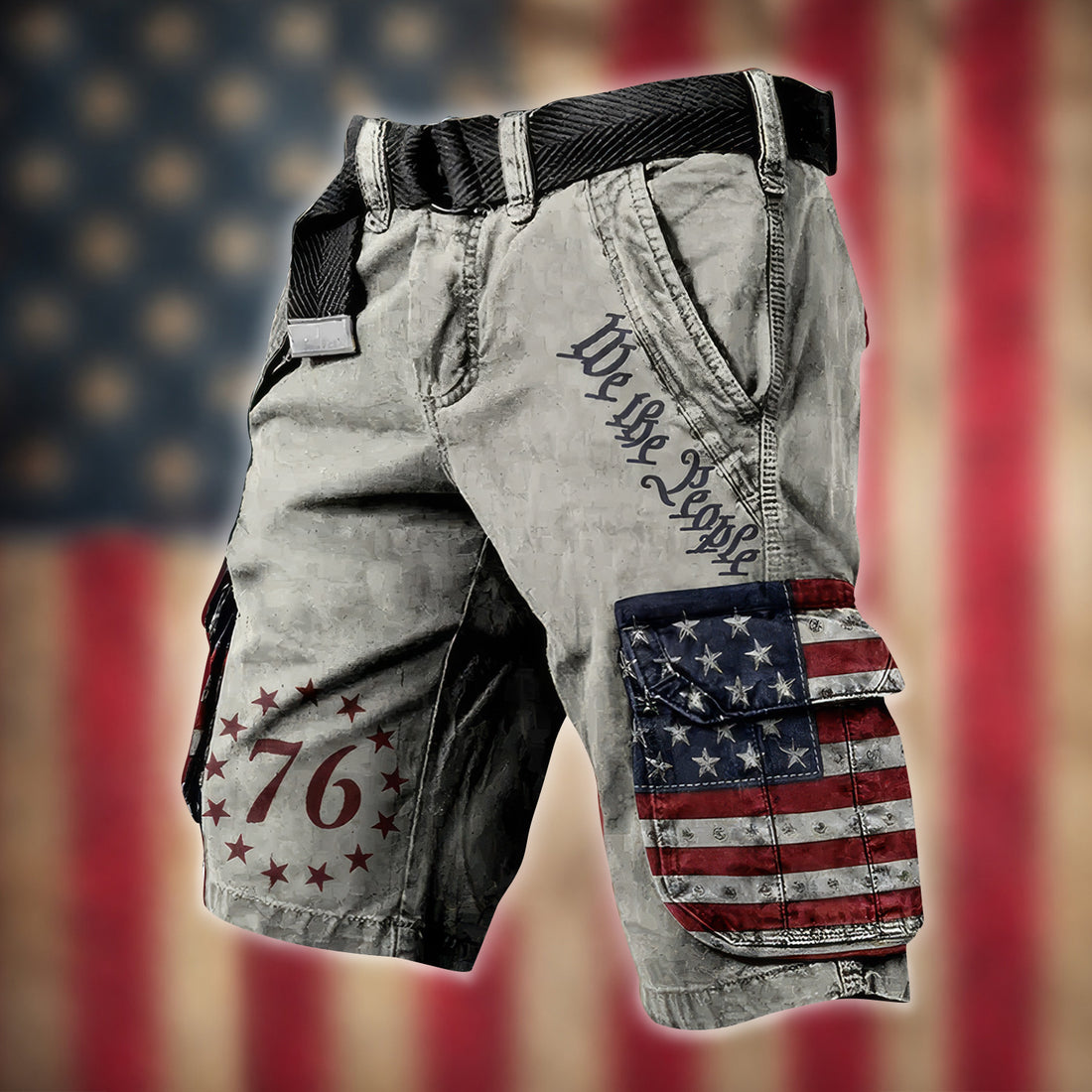 We The People USA Flag Pattern Grey Cargo Shorts, Golf Shorts For Men, 250th Anniversary Short Pants