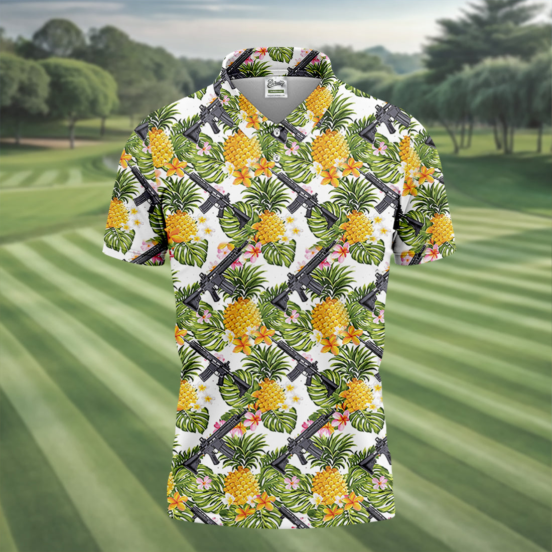 Tropical Pineapple Rifle Hawaiian Golf Shirt Pattern, Hawaiian Golf Shirt, Golf Apparel For Men