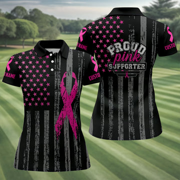 Custom Proud Pink Supporter Breast Cancer Polo Shirt, Golf Tops For Women, Ladies Golf Top