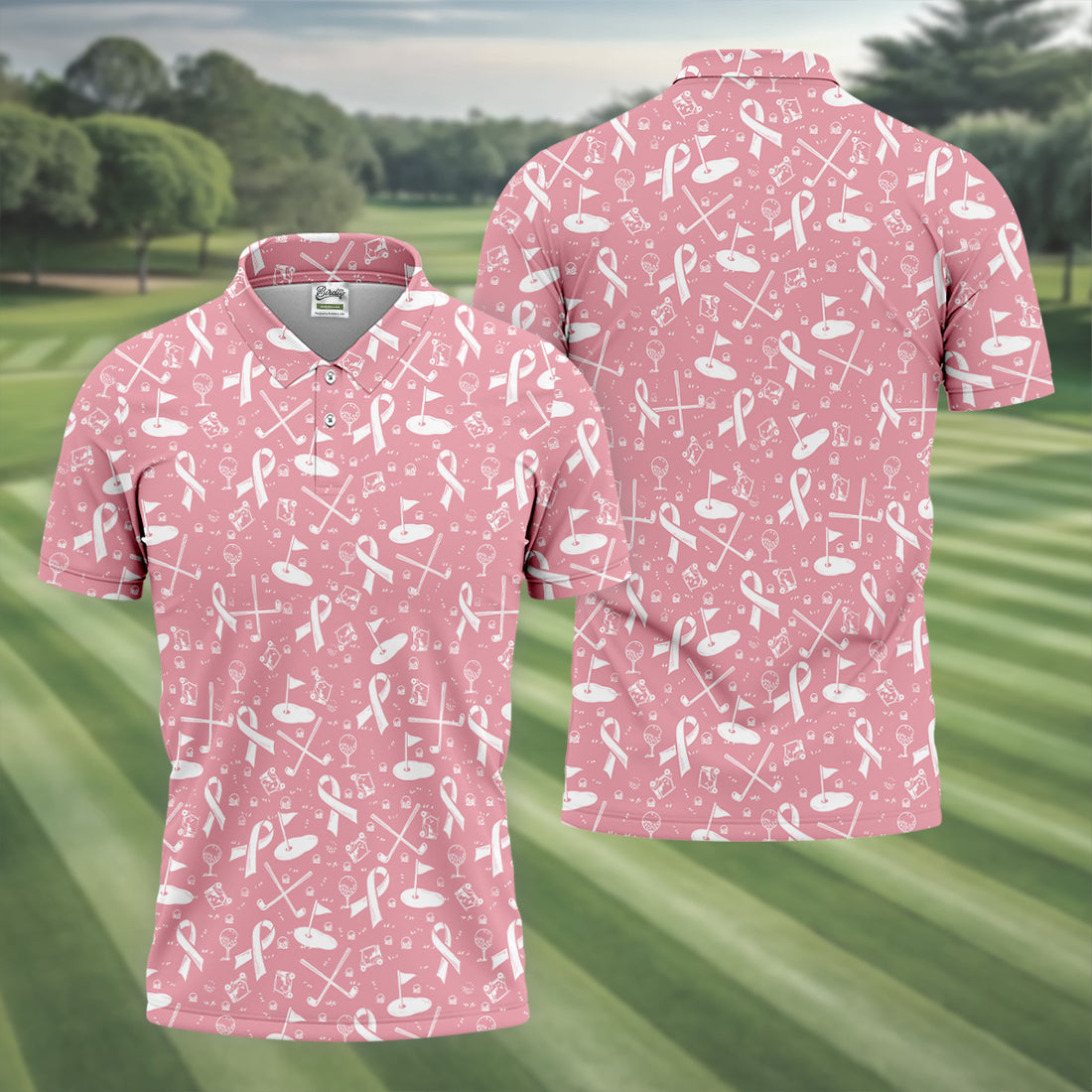 Awareness Ribbon Light Pink And White Golf Shirt, Cancer Awareness Shirt, Polo Shirts For Men