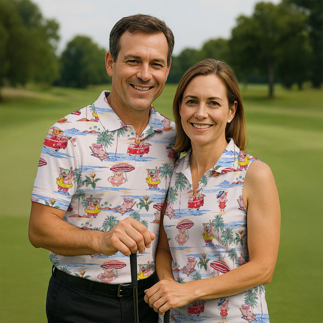 Cute Pig Beach Adventure Hawaiian Golf Polo, Golf Tops For Women, Golfing Apparel