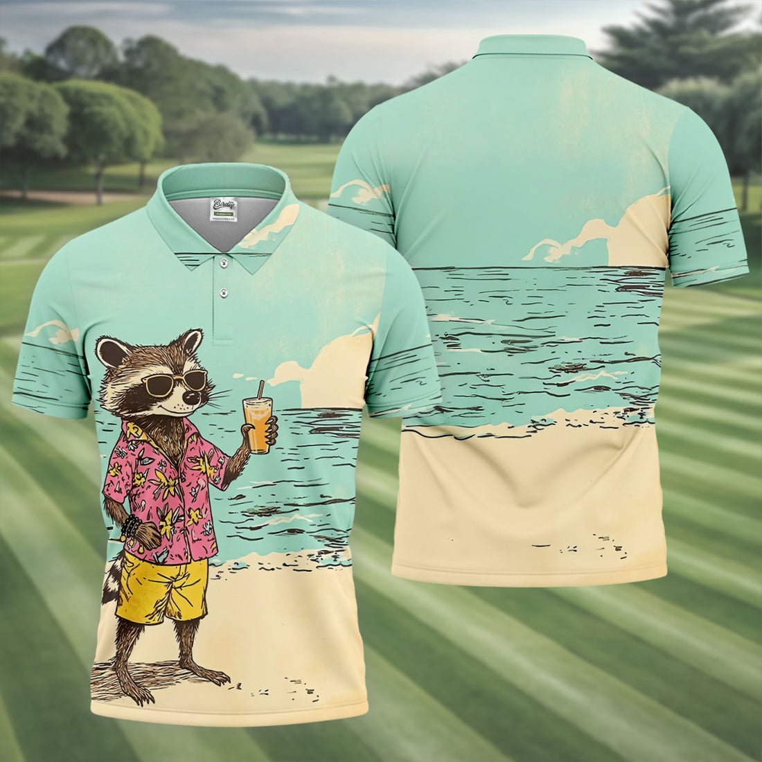 Raccoon Tropical Beach Escape  Hawaiian Golf Shirt, Men's Golf Shirt, Polo Shirts For Men