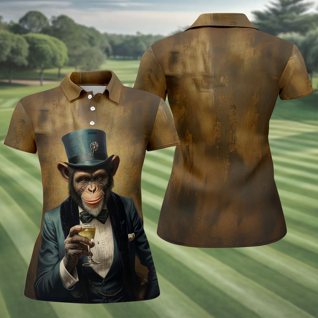 Monkey Gentleman Champagne Society Hawaiian Golf Shirt, Women's Golf Tops, Ladies Golf Shirts