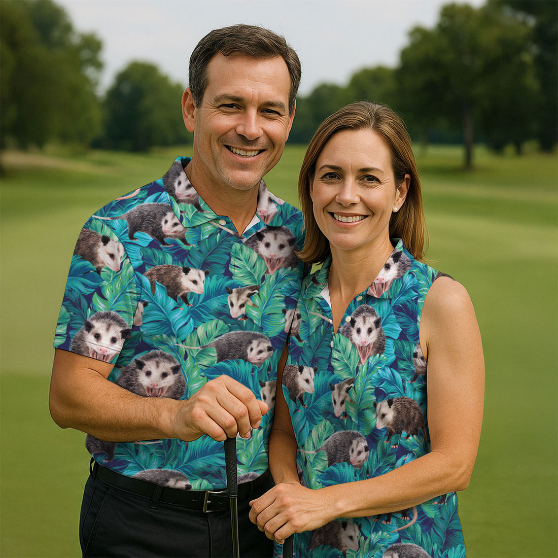Playful Opossums Among Tropical Leaves Hawaiian Golf Polo, Golf Tops For Women, Golfing Apparel