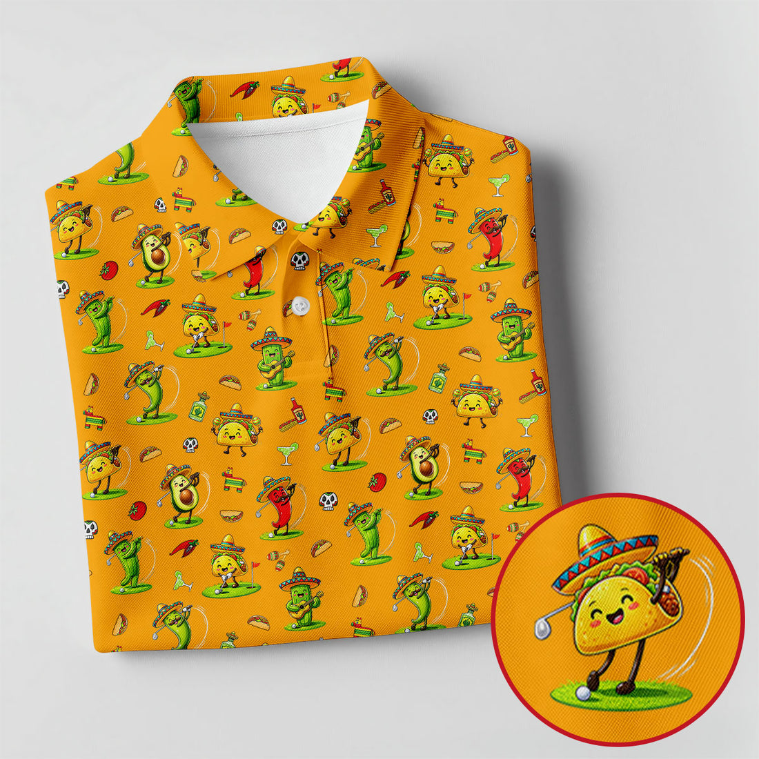 Mexican Cartoon Food Characters Cinco De Mayo Celebration Fiesta Themed Yellow Golf Shirts For Men
