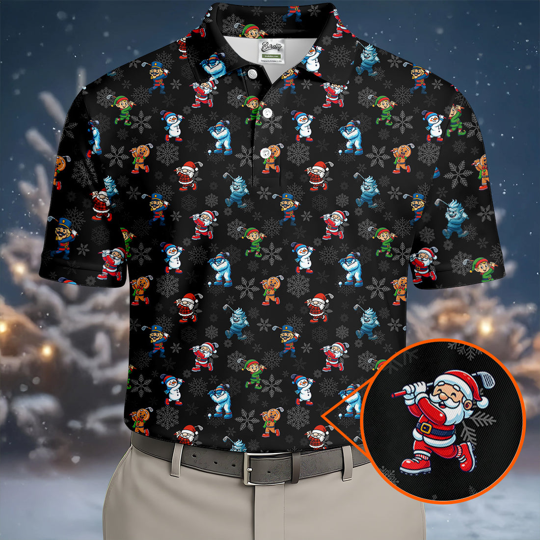 Funny Christmas Characters Golf Pose Black Golf Shirt, Christmas Golf Shirt, Polo Shirts For Men