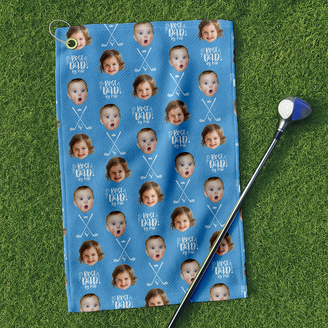 Best Dad By Par Blue Golf Towel, Custom Golf Towel With Kids Photo, Christmas Golf Gift